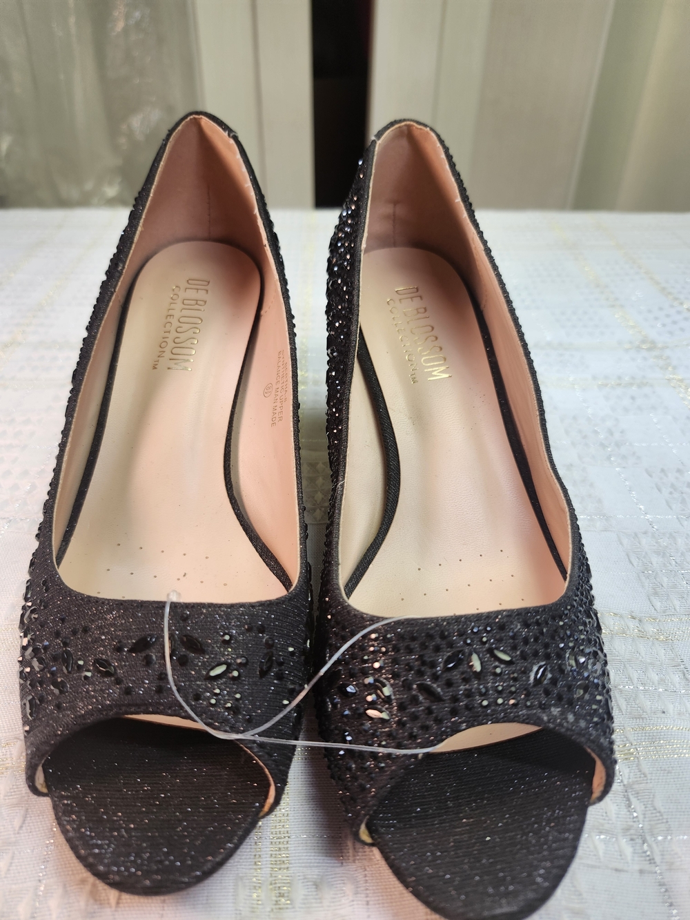 De Blossom Collection Black Crystal Peep-Toe Heels